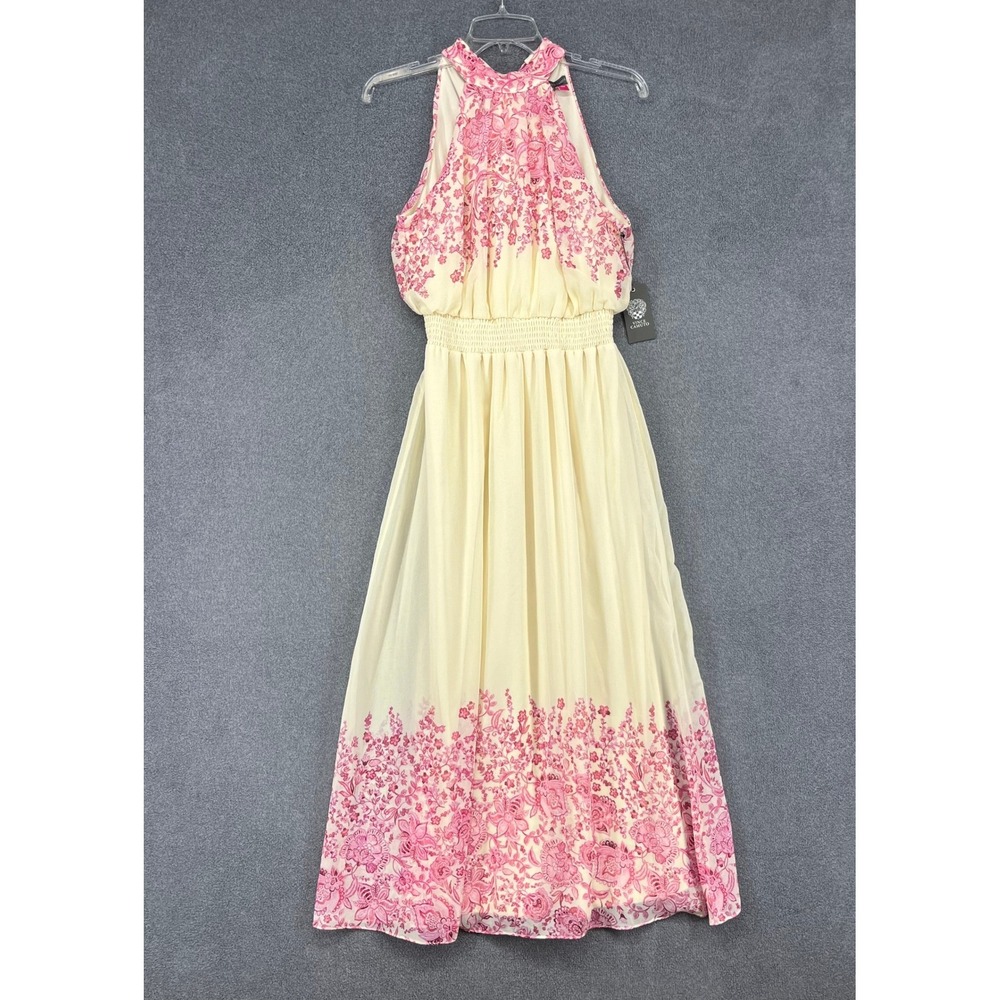 Vince Camuto Maxi Dress Womens Small Cream Pink Floral Halter Smocked